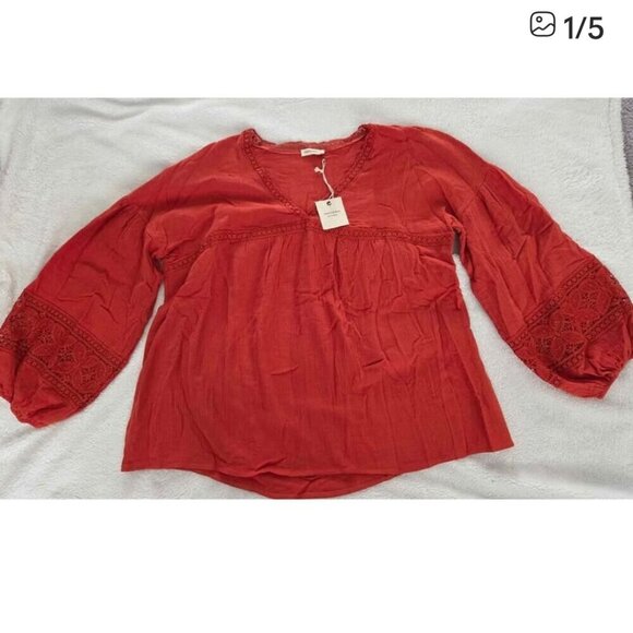 And The Why Rust Boho Peasant Blouse Crochet Lace Balloon Sleeve Top Medium - Picture 3 of 7